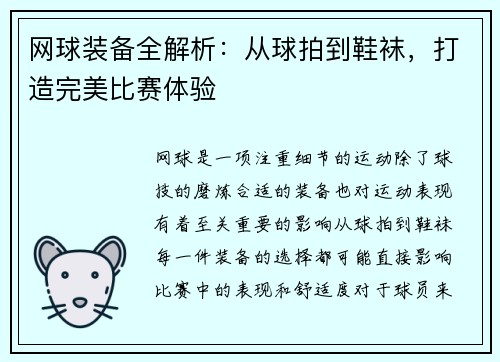 网球装备全解析：从球拍到鞋袜，打造完美比赛体验